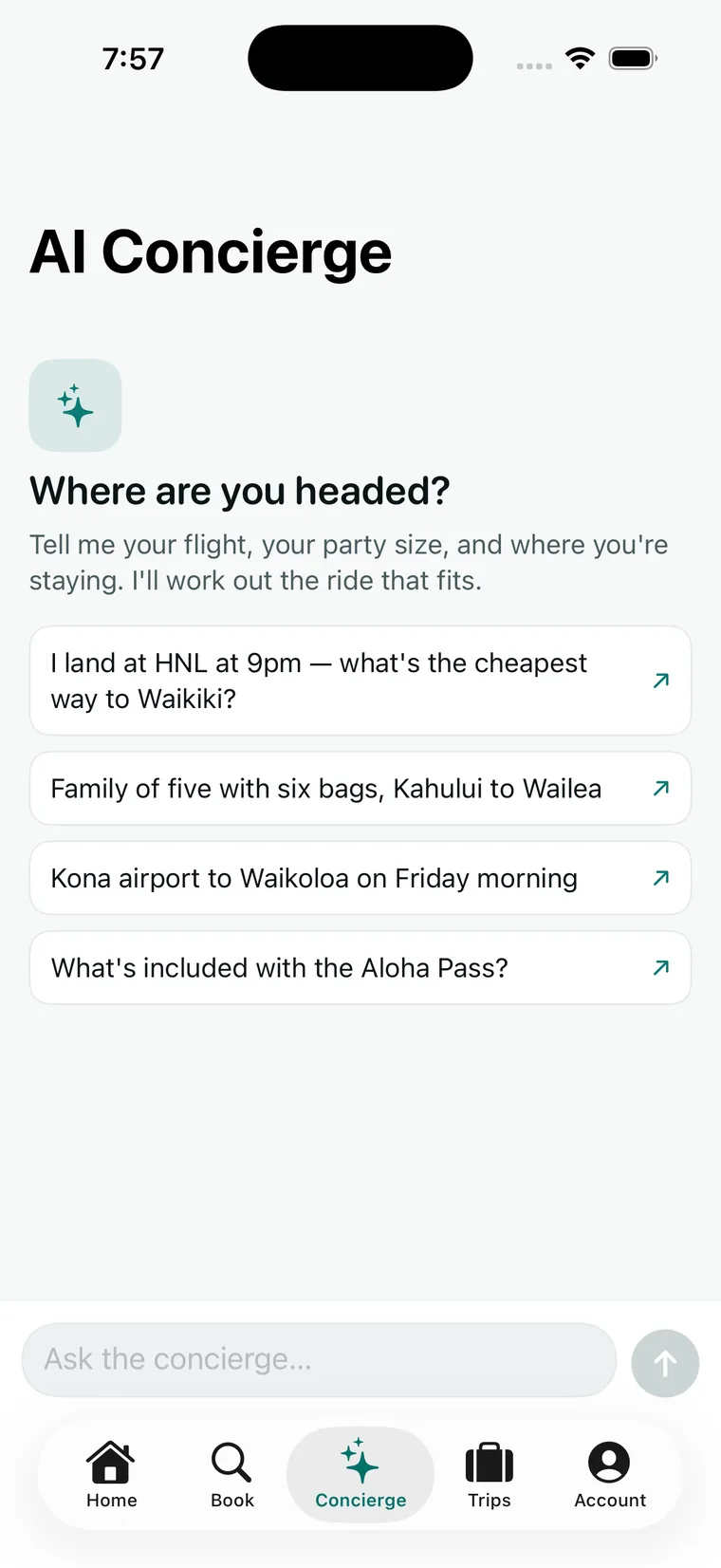 AI travel concierge conversation screen in the ShuttleHawaii iOS app