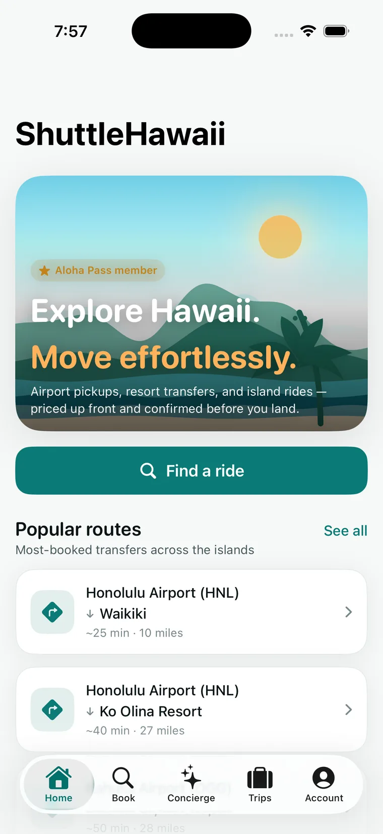 ShuttleHawaii iOS app home screen showing popular routes across the Hawaiian islands