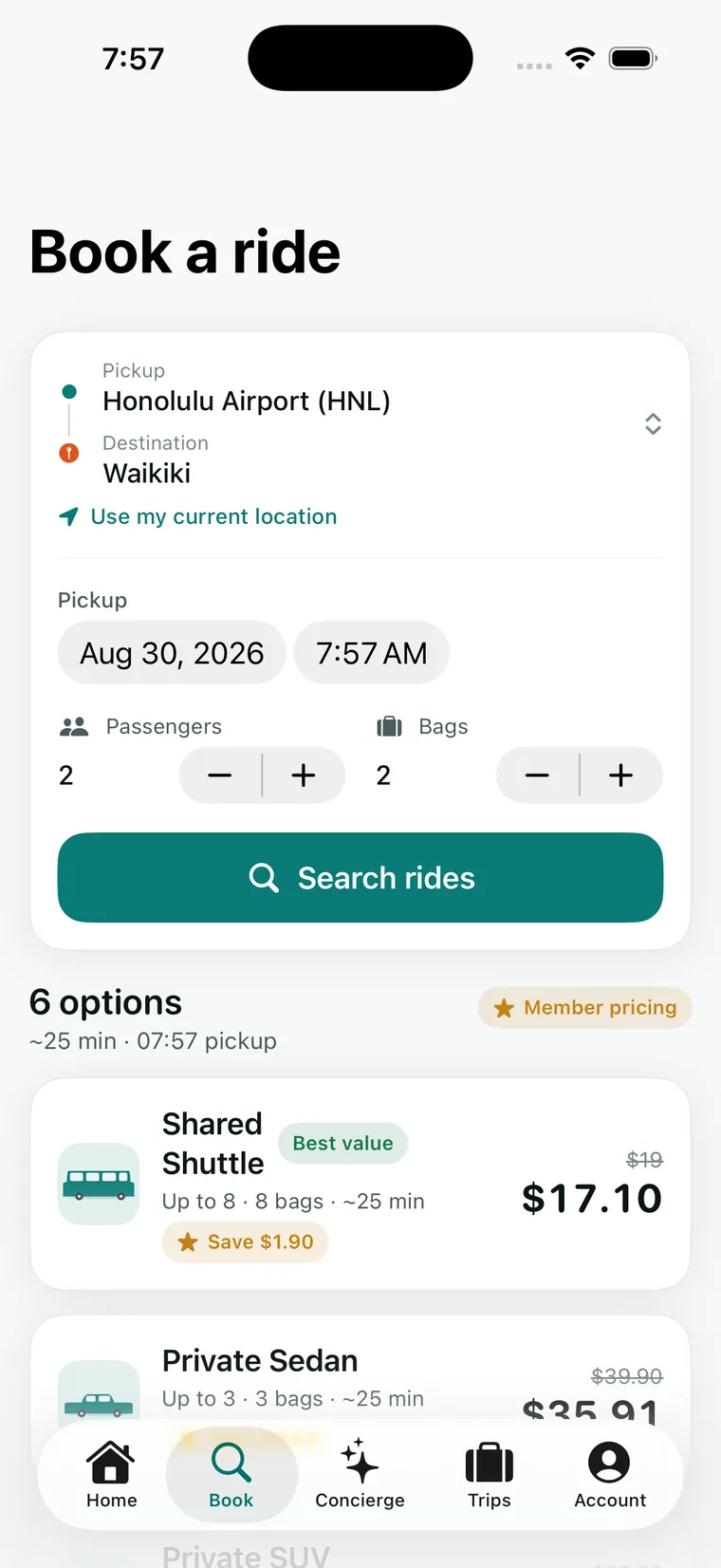 Booking screen showing six vehicle classes with live fares and member pricing applied